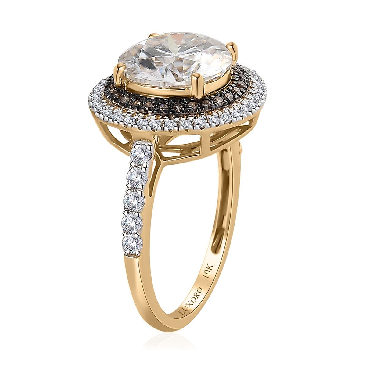 Luxoro 10K Yellow Gold Moissanite and I3 Natural Champagne Diamond Double Halo Ring (Size 9.0) 4.00 ctw image number 3