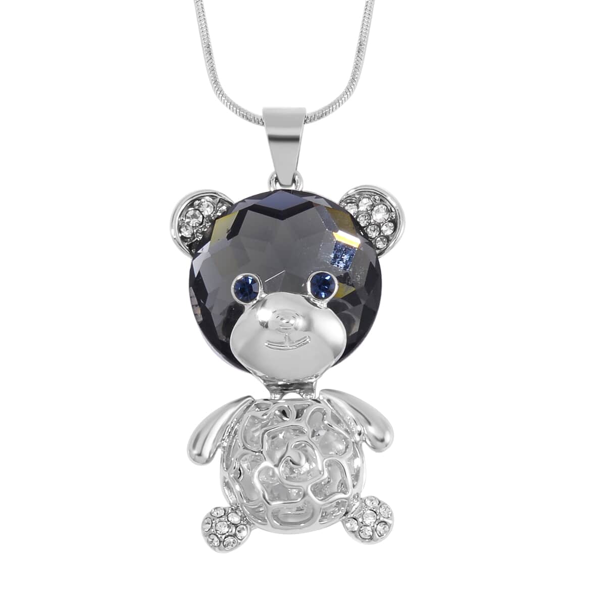 Silver Grey Color Glass, White and Grey Austrian Crystal Teddy Bear Pendant Necklace in Silvertone 28-30 Inches image number 0