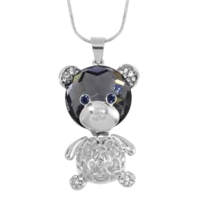 Silver Grey Color Glass, White and Grey Austrian Crystal Teddy Bear Pendant Necklace in Silvertone 28-30 Inches