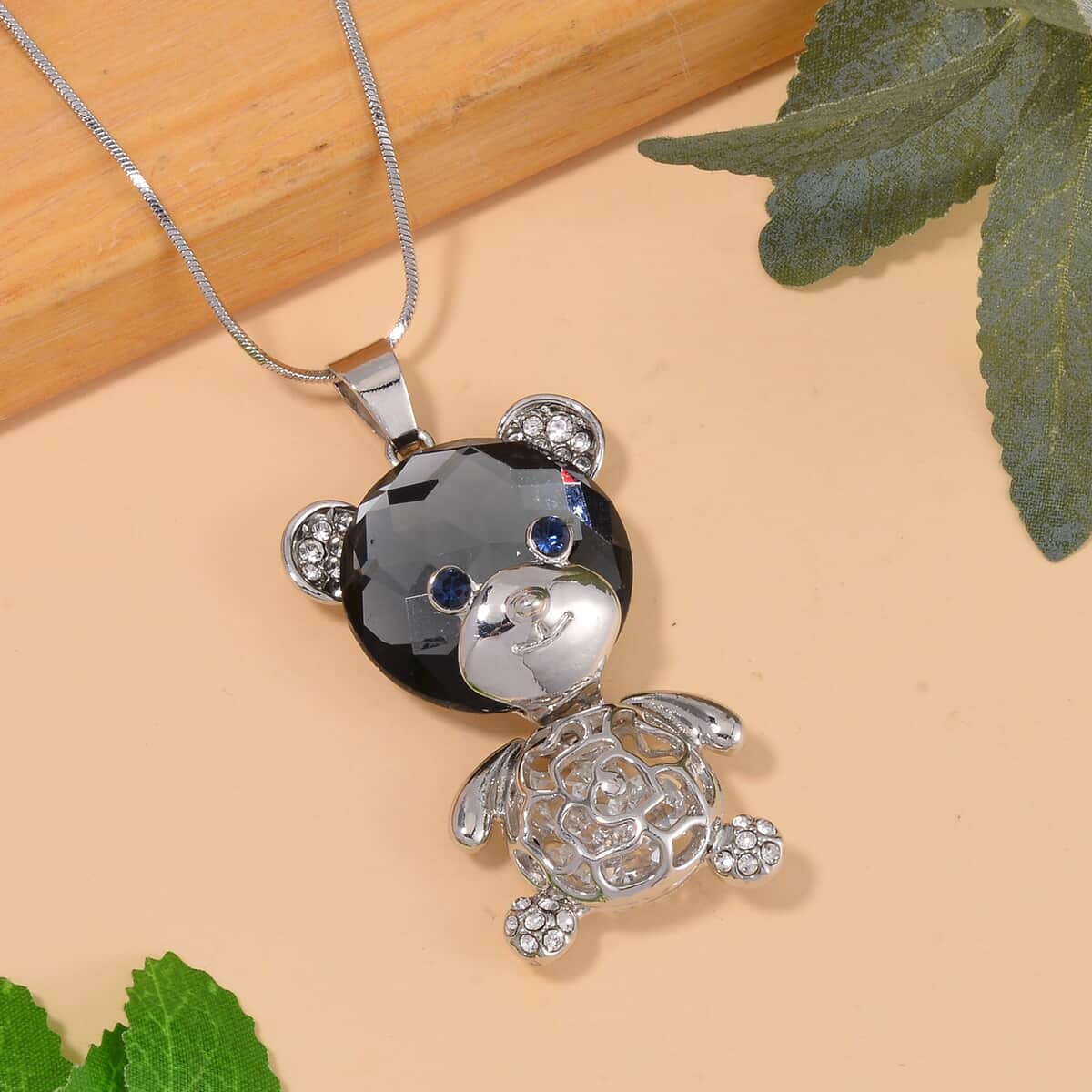 Silver Grey Color Glass, White and Grey Austrian Crystal Teddy Bear Pendant Necklace in Silvertone 28-30 Inches image number 1