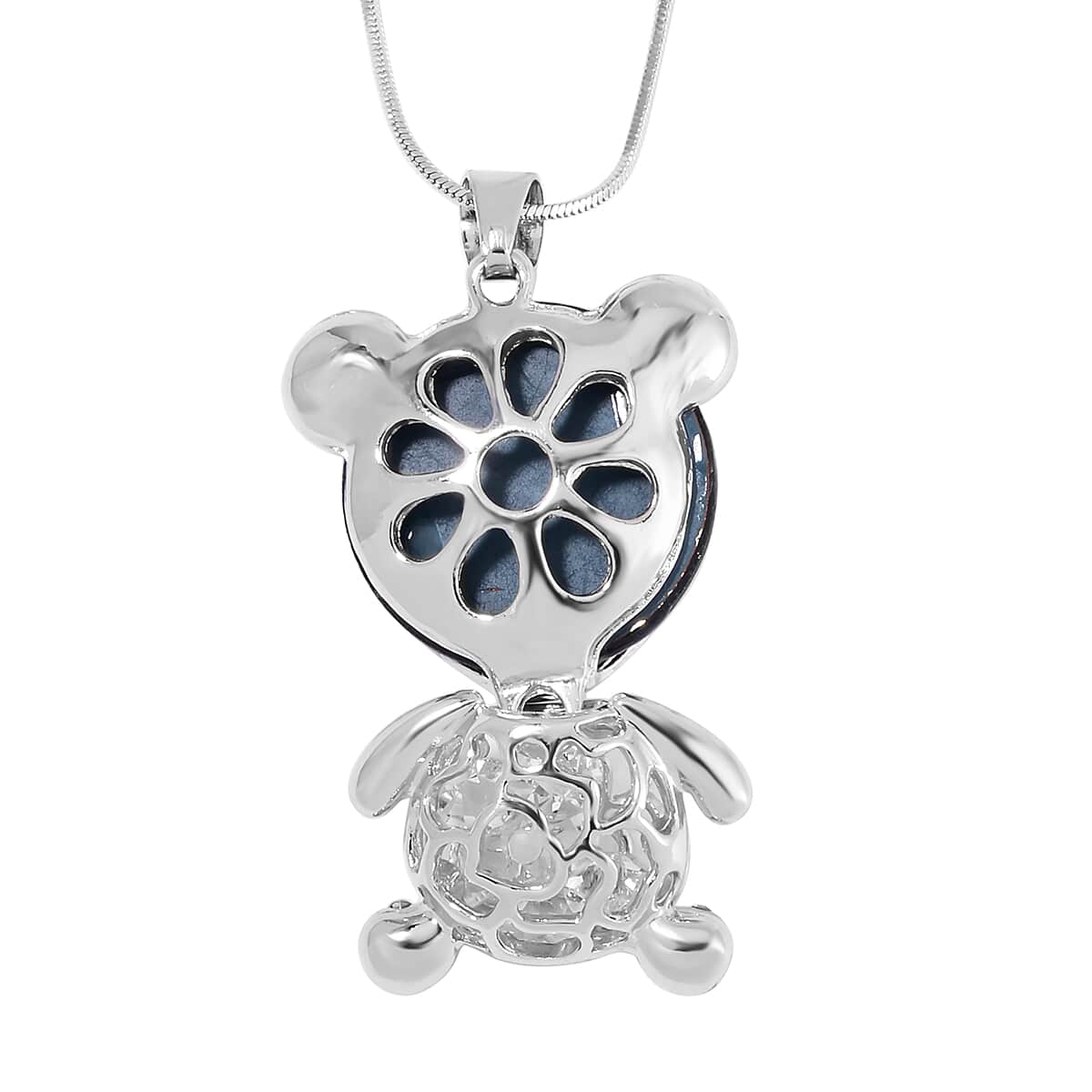 Silver Grey Color Glass, White and Grey Austrian Crystal Teddy Bear Pendant Necklace in Silvertone 28-30 Inches image number 3