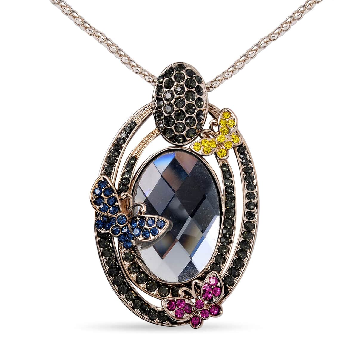 Silver Grey Color Glass, Multi Color Austrian Crystal Butterfly Pendant Necklace in Goldtone 28-30 Inches image number 0