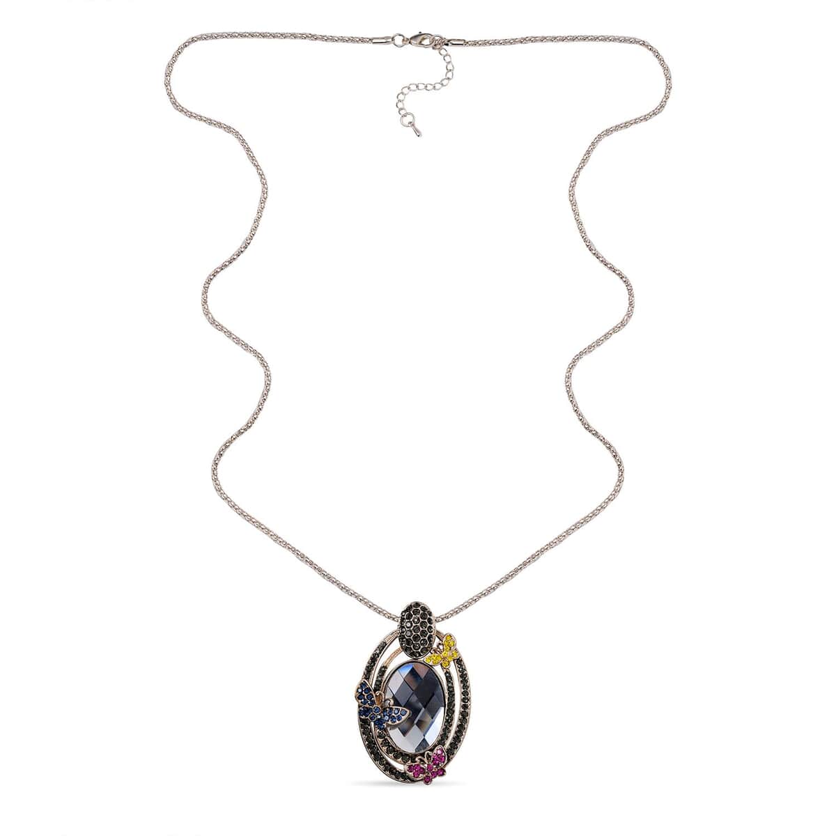 Silver Grey Color Glass, Multi Color Austrian Crystal Butterfly Pendant Necklace in Goldtone 28-30 Inches image number 2