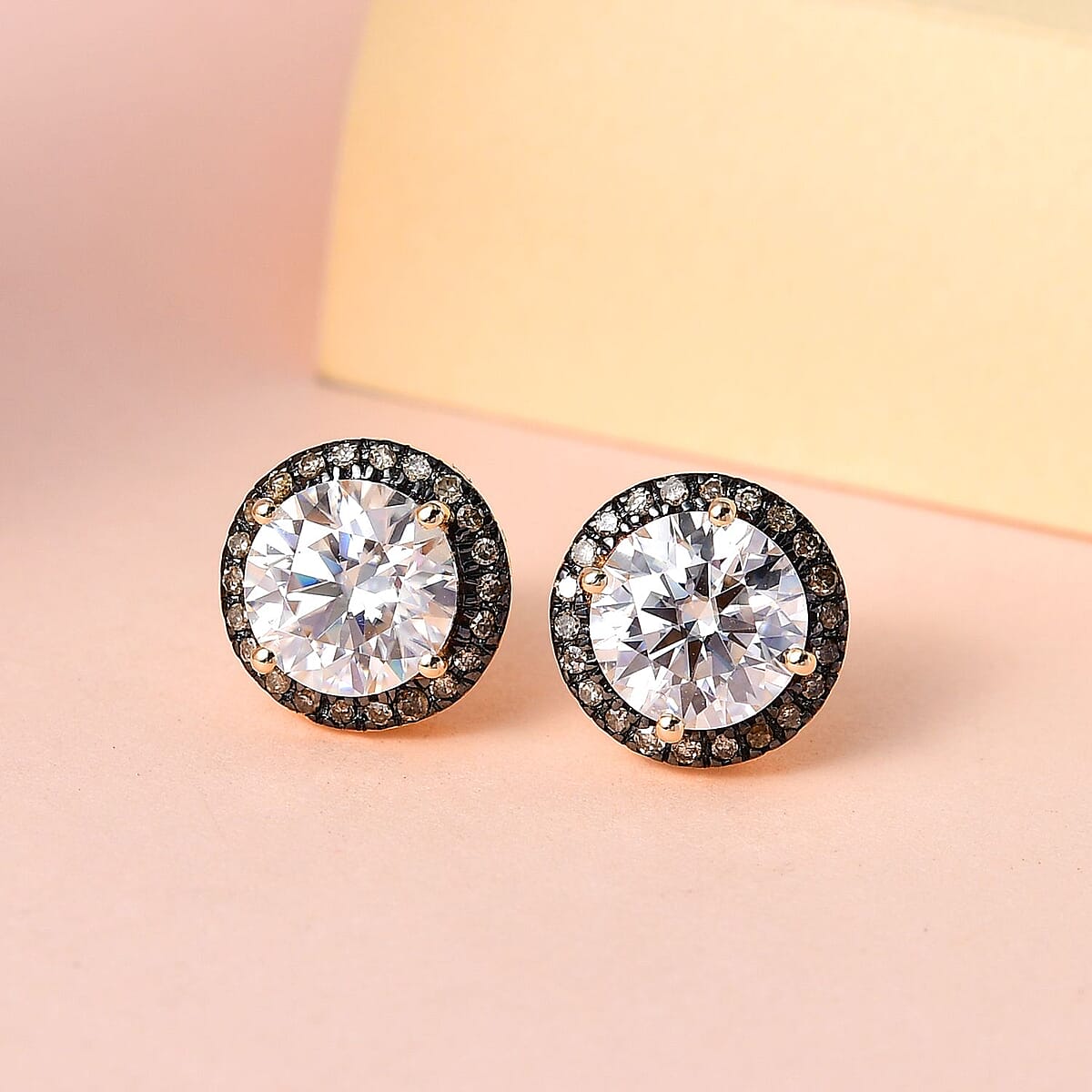 Luxoro 10K Yellow Gold Moissanite and Natural Champagne Diamond Double Halo Stud Earrings 2.60 ctw image number 1