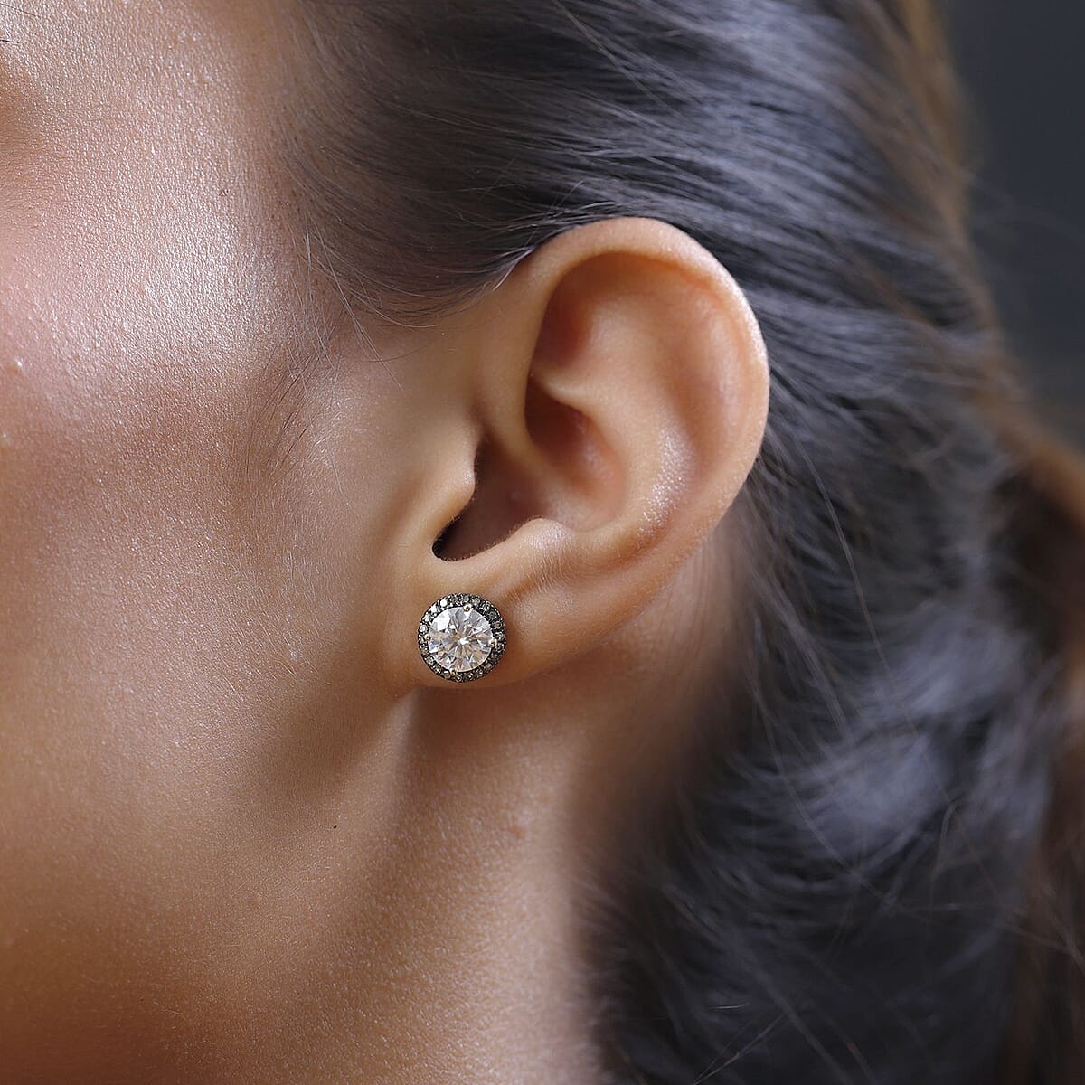 Luxoro 10K Yellow Gold Moissanite and Natural Champagne Diamond Double Halo Stud Earrings 2.60 ctw image number 2