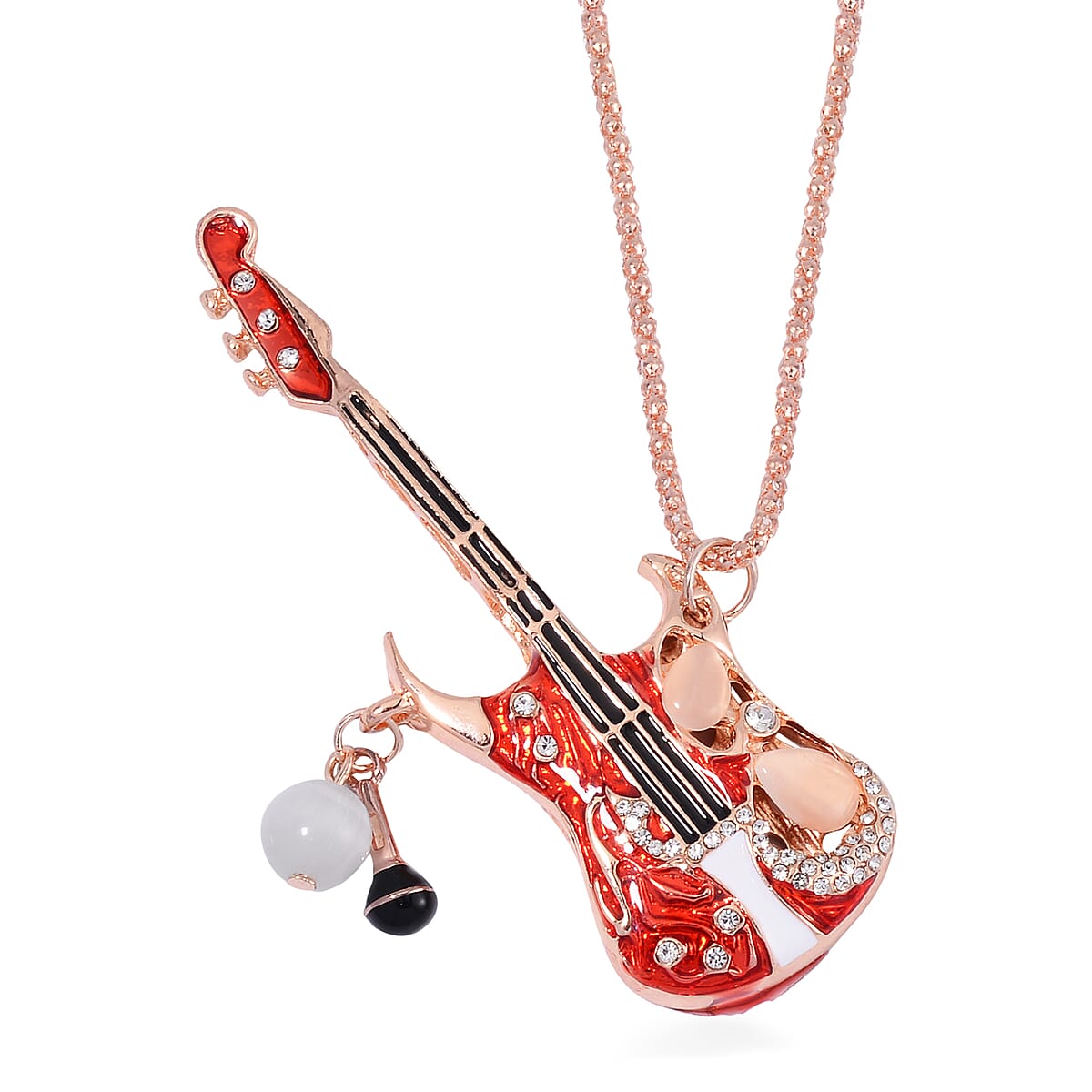 Lab Created White Cat's Eye and Austrian Crystal Guitar Pendant Necklace in Rosetone 28-30 Inches image number 0