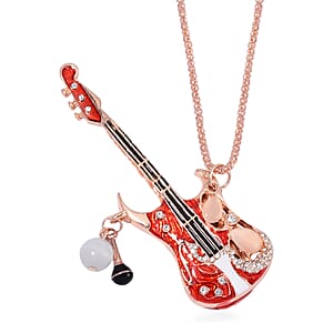 Lab Created White Cat's Eye and Austrian Crystal Guitar Pendant Necklace in Rosetone 28-30 Inches