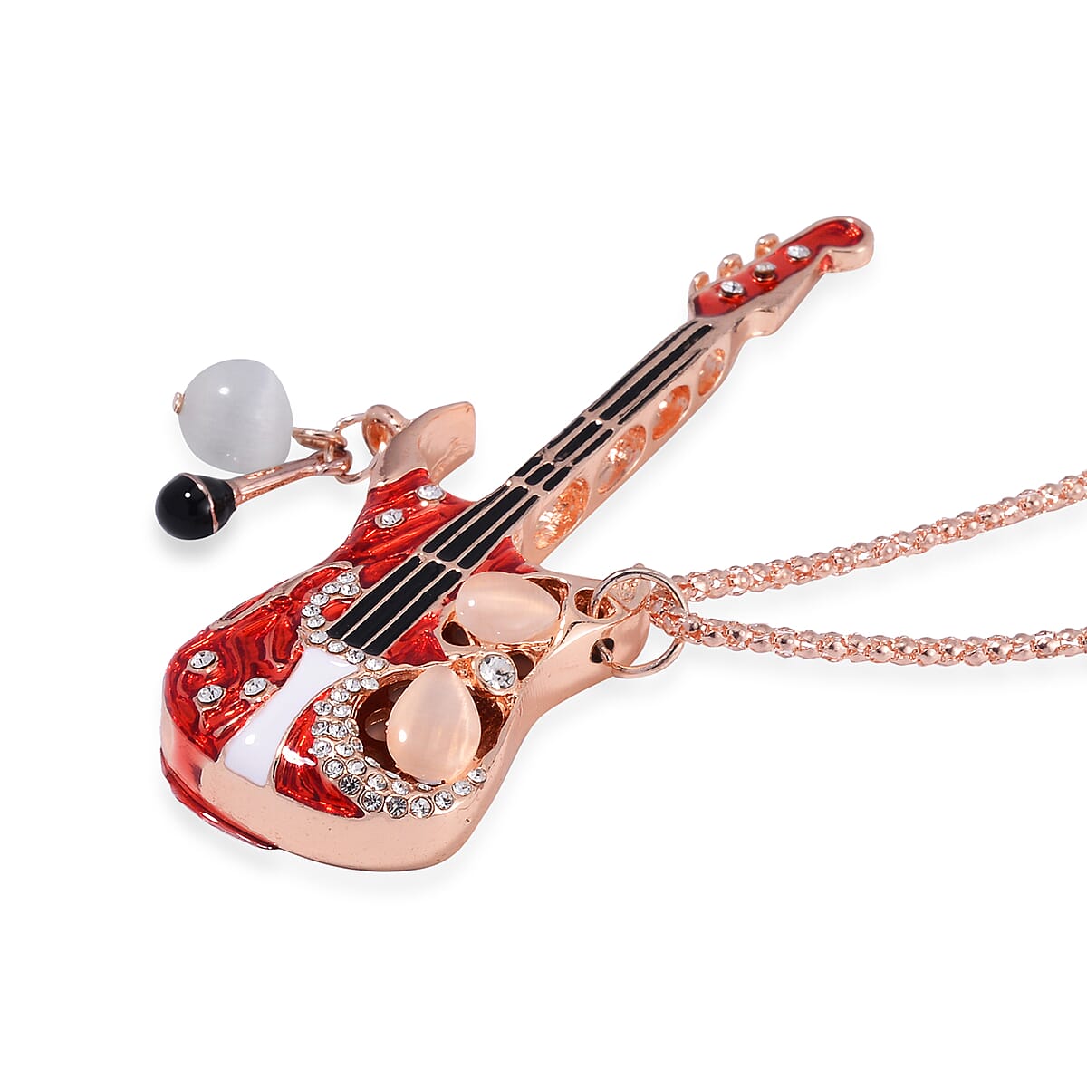 Lab Created White Cat's Eye and Austrian Crystal Guitar Pendant Necklace in Rosetone 28-30 Inches image number 2