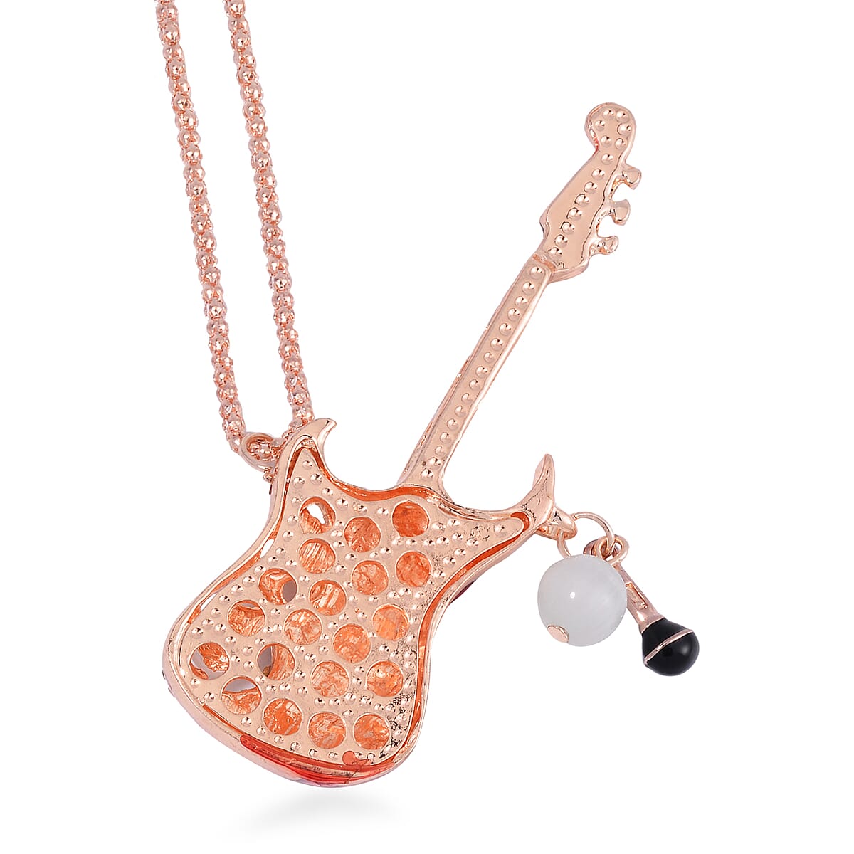 Lab Created White Cat's Eye and Austrian Crystal Guitar Pendant Necklace in Rosetone 28-30 Inches image number 3