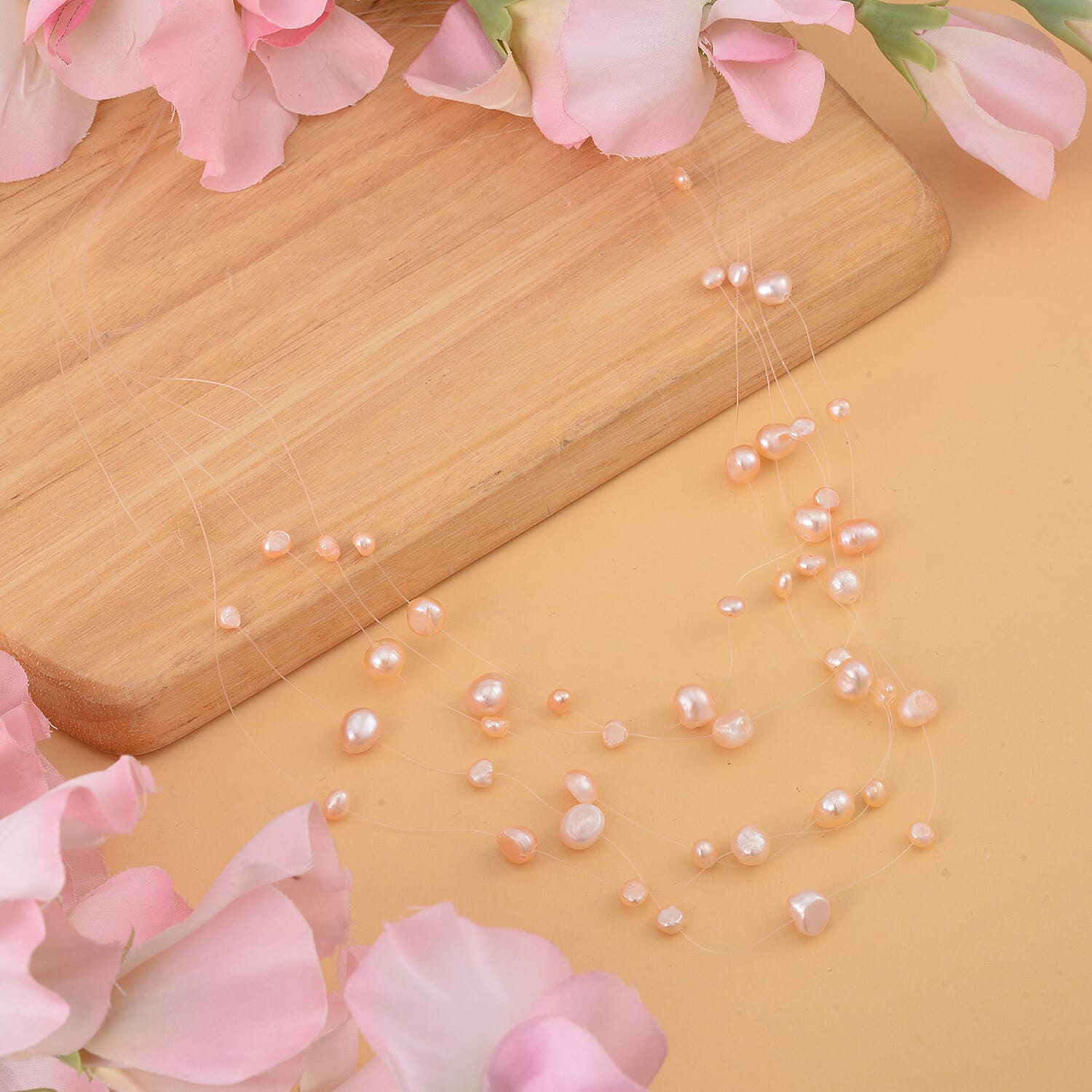 Peach Freshwater Pearl Station Necklace (18-20 Inches) in Silvertone