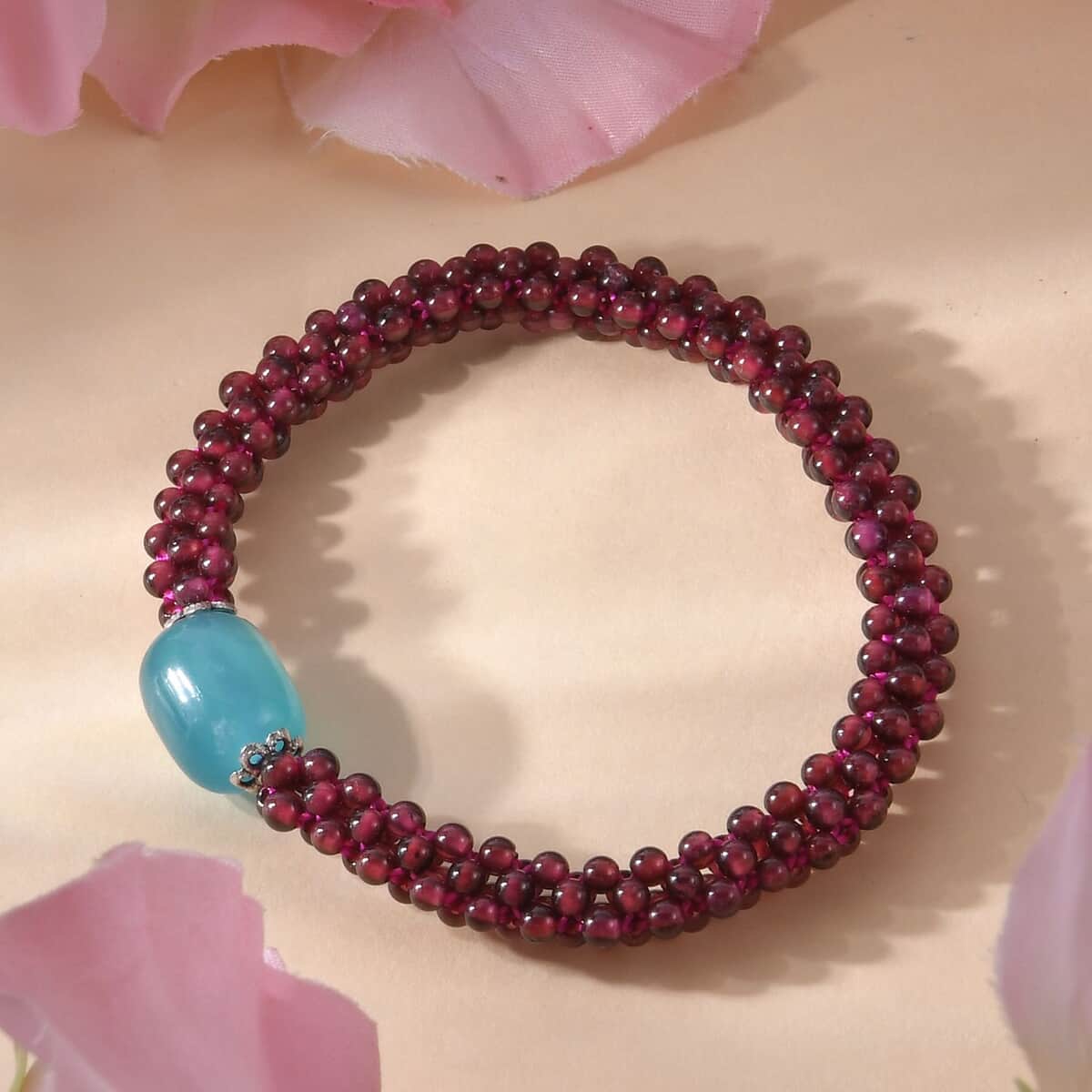 Amazonite, Mozambique Garnet Beaded Stretch Bracelet in Silvertone (6.00 In) 95.00 ctw image number 1