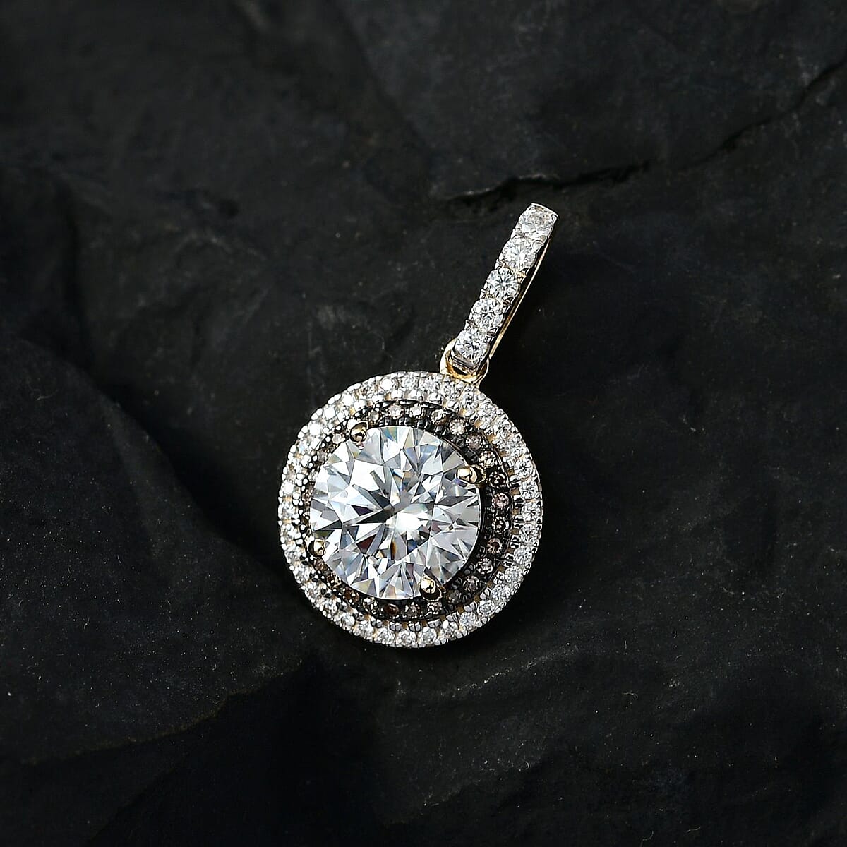 Luxoro 10K Yellow Gold Moissanite and I3 Natural Champagne Diamond Double Halo Pendant 3.50 ctw image number 1