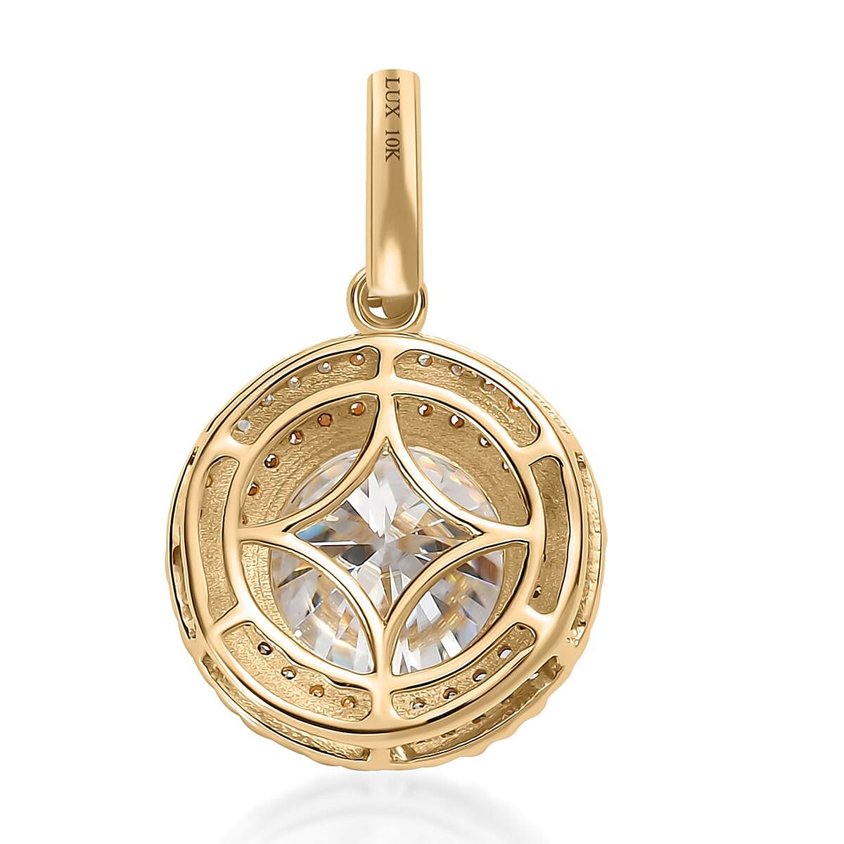 Luxoro 10K Yellow Gold Moissanite and I3 Natural Champagne Diamond Double Halo Pendant 3.50 ctw image number 4