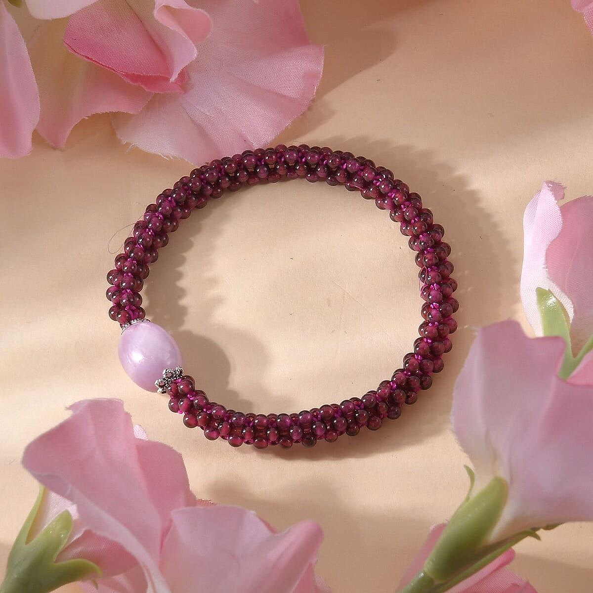 Kunzite and Mozambique Garnet Beaded Stretch Bracelet in Silvertone 95.00 ctw image number 1