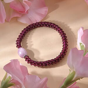 Kunzite and Mozambique Garnet Beaded Stretch Bracelet in Silvertone 95.00 ctw