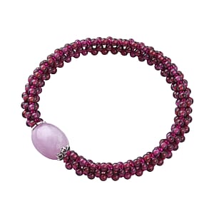 Kunzite and Mozambique Garnet Beaded Stretch Bracelet in Silvertone 95.00 ctw