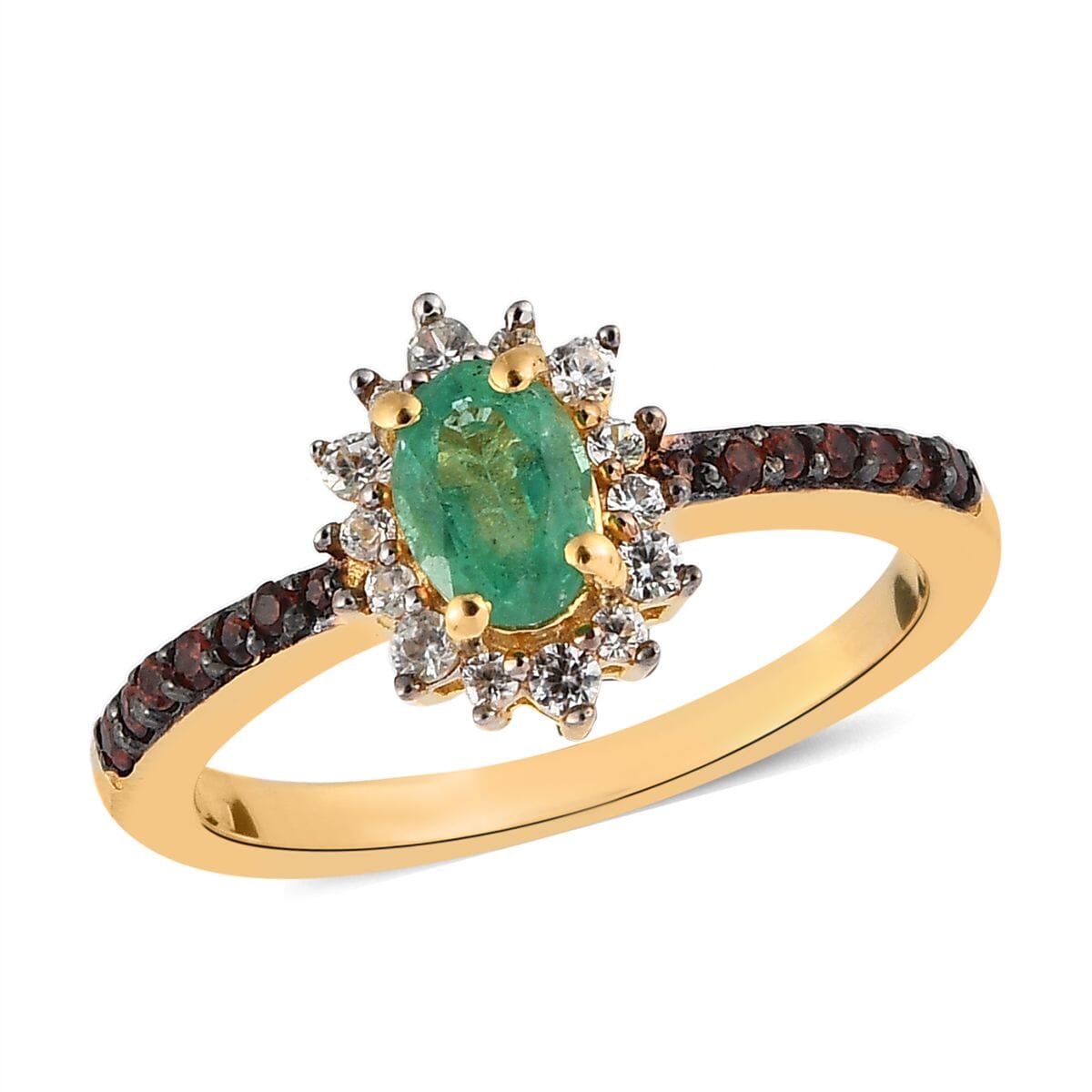 AAA Kagem Zambian Emerald, Brown and White Zircon Sunburst Ring in Vermeil Yellow Gold Over Sterling Silver 0.75 ctw image number 0