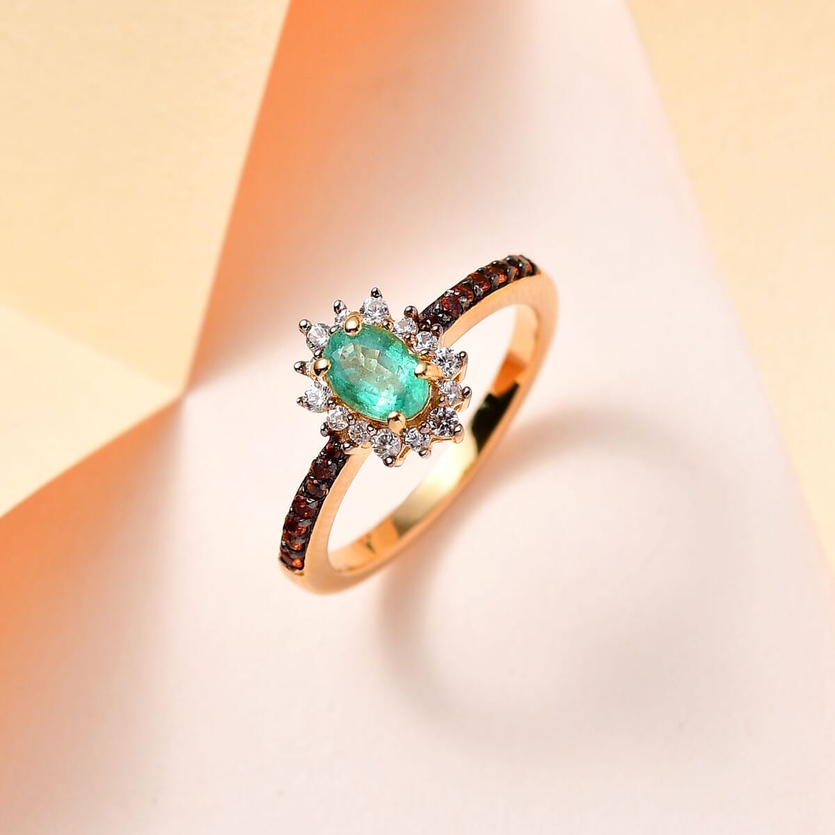 AAA Kagem Zambian Emerald, Brown and White Zircon Sunburst Ring in Vermeil Yellow Gold Over Sterling Silver 0.75 ctw image number 1