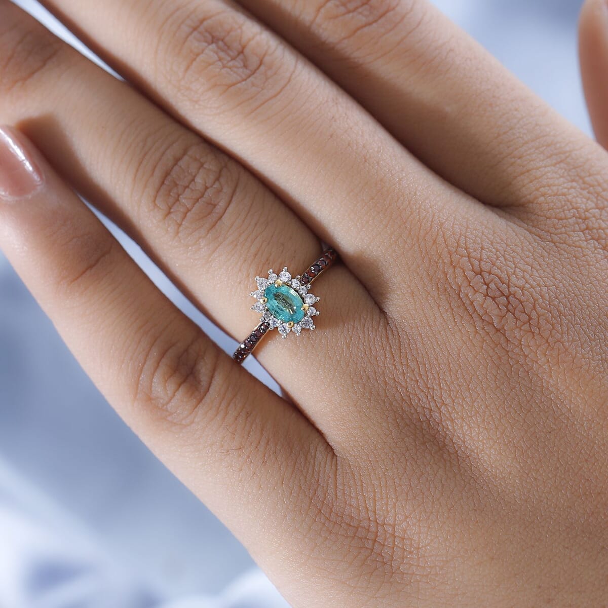 AAA Kagem Zambian Emerald, Brown and White Zircon Sunburst Ring in Vermeil Yellow Gold Over Sterling Silver 0.75 ctw image number 2