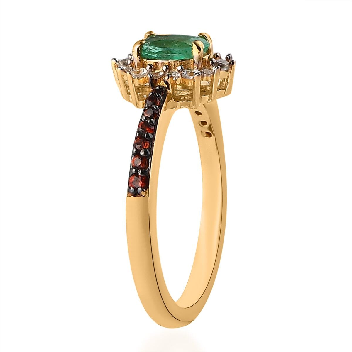 AAA Kagem Zambian Emerald, Brown and White Zircon Sunburst Ring in Vermeil Yellow Gold Over Sterling Silver 0.75 ctw image number 3