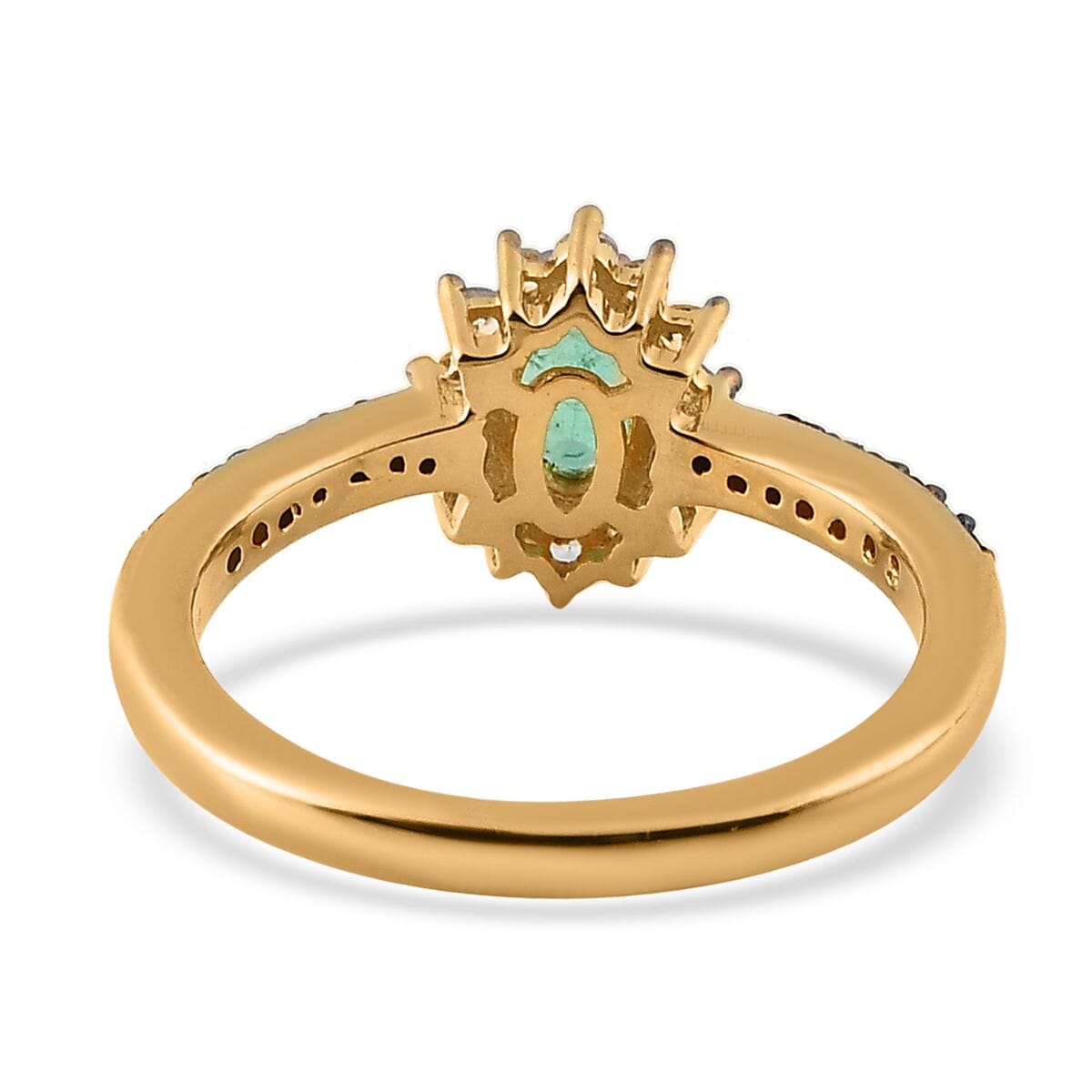 AAA Kagem Zambian Emerald, Brown and White Zircon Sunburst Ring in Vermeil Yellow Gold Over Sterling Silver 0.75 ctw image number 4