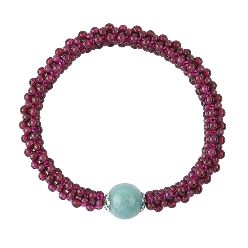 Amazonite and Mozambique Garnet Beaded Stretch Bracelet in Silvertone 99.00 ctw