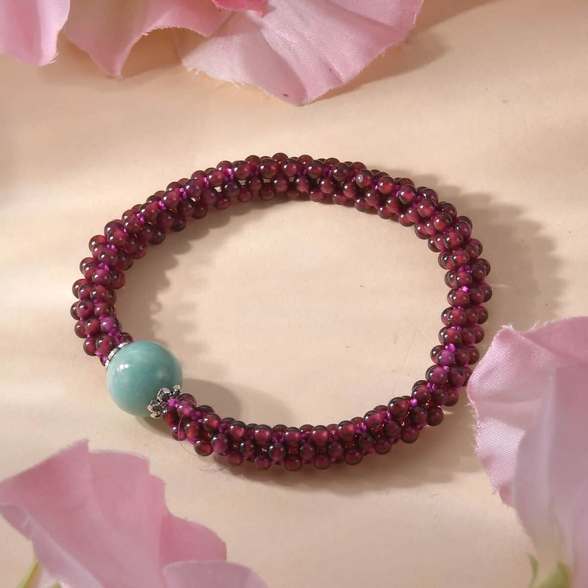 Amazonite and Mozambique Garnet Beaded Stretch Bracelet in Silvertone 99.00 ctw image number 1