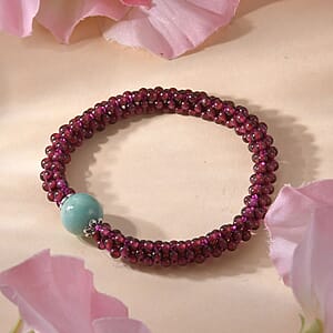 Amazonite and Mozambique Garnet Beaded Stretch Bracelet in Silvertone 99.00 ctw