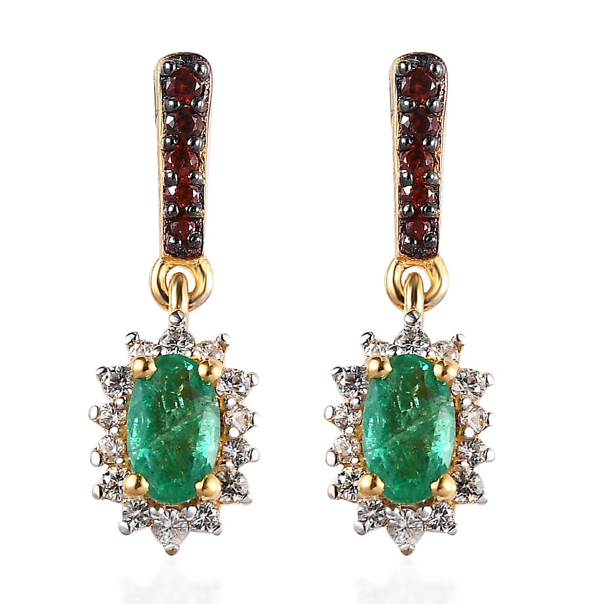 AAA Kagem Zambian Emerald, Brown and White Zircon Halo Earrings in Vermeil Yellow Gold Over Sterling Silver 0.75 ctw image number 0