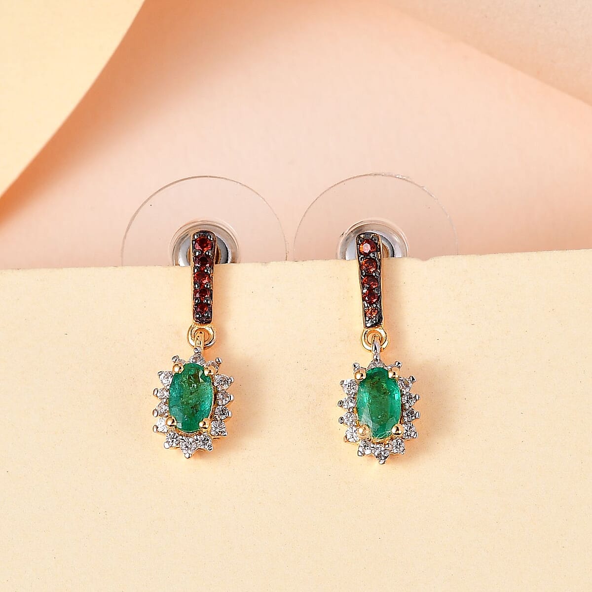 AAA Kagem Zambian Emerald, Brown and White Zircon Halo Earrings in Vermeil Yellow Gold Over Sterling Silver 0.75 ctw image number 1