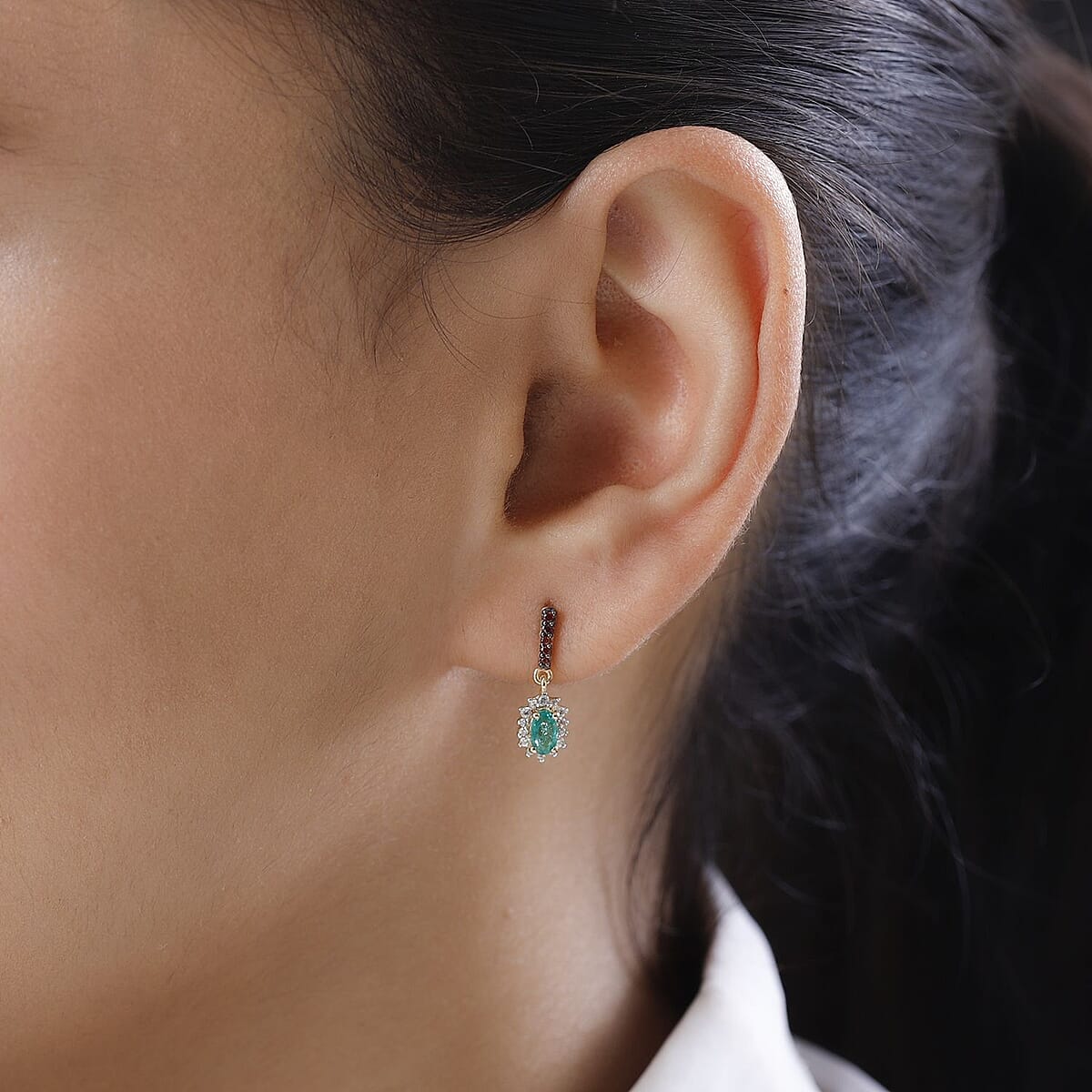AAA Kagem Zambian Emerald, Brown and White Zircon Halo Earrings in Vermeil Yellow Gold Over Sterling Silver 0.75 ctw image number 2