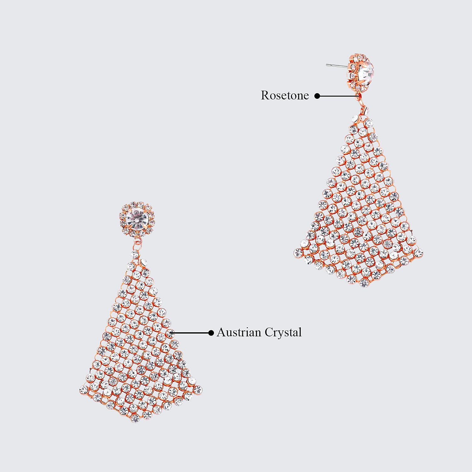 White Austrian Crystal Earrings in Rosetone