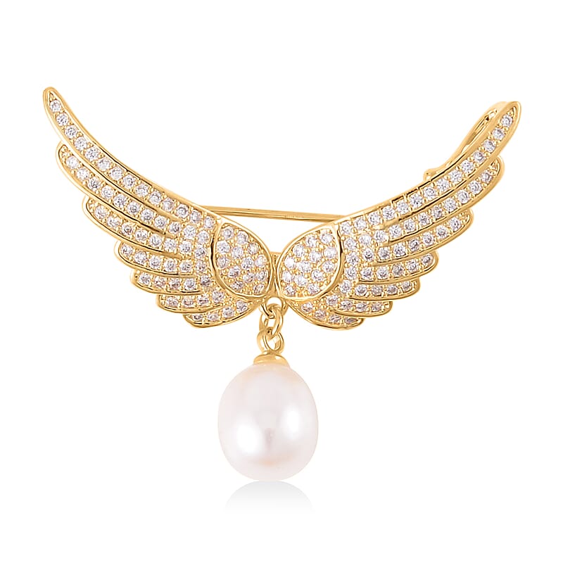 White Freshwater Pearl and Simulated Diamond Eagle Wing Brooch in Goldtone