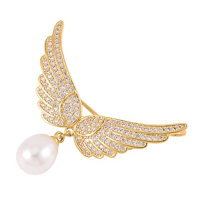 White Freshwater Pearl and Simulated Diamond Eagle Wing Brooch in Goldtone
