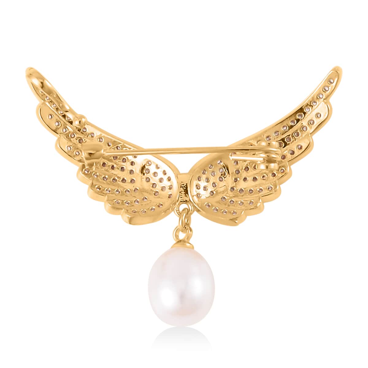 White Freshwater Pearl and Simulated Diamond Eagle Wing Brooch in Goldtone 1.15 ctw image number 3