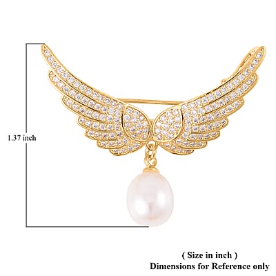 White Freshwater Pearl and Simulated Diamond Eagle Wing Brooch in Goldtone