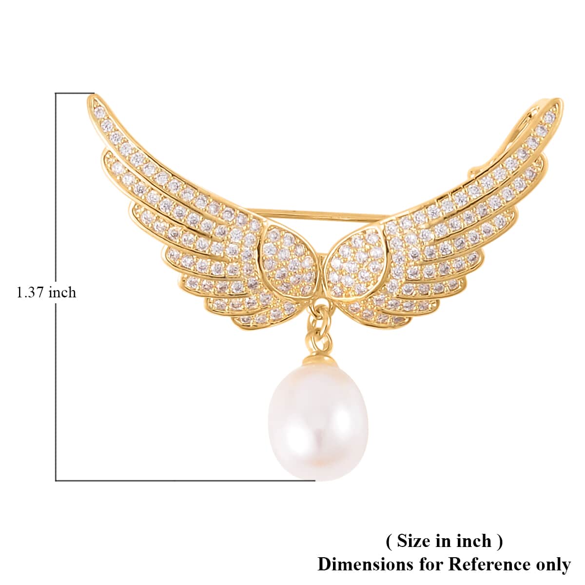 White Freshwater Pearl and Simulated Diamond Eagle Wing Brooch in Goldtone 1.15 ctw image number 4