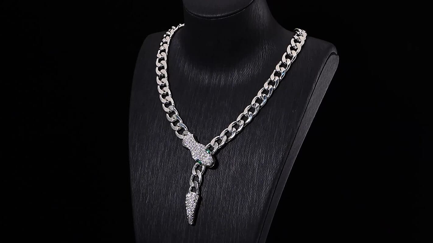 Green Glass and White Austrian Crystal Cable Link Chain with Snake Head & Tail Necklace 22 Inches in Silvertone