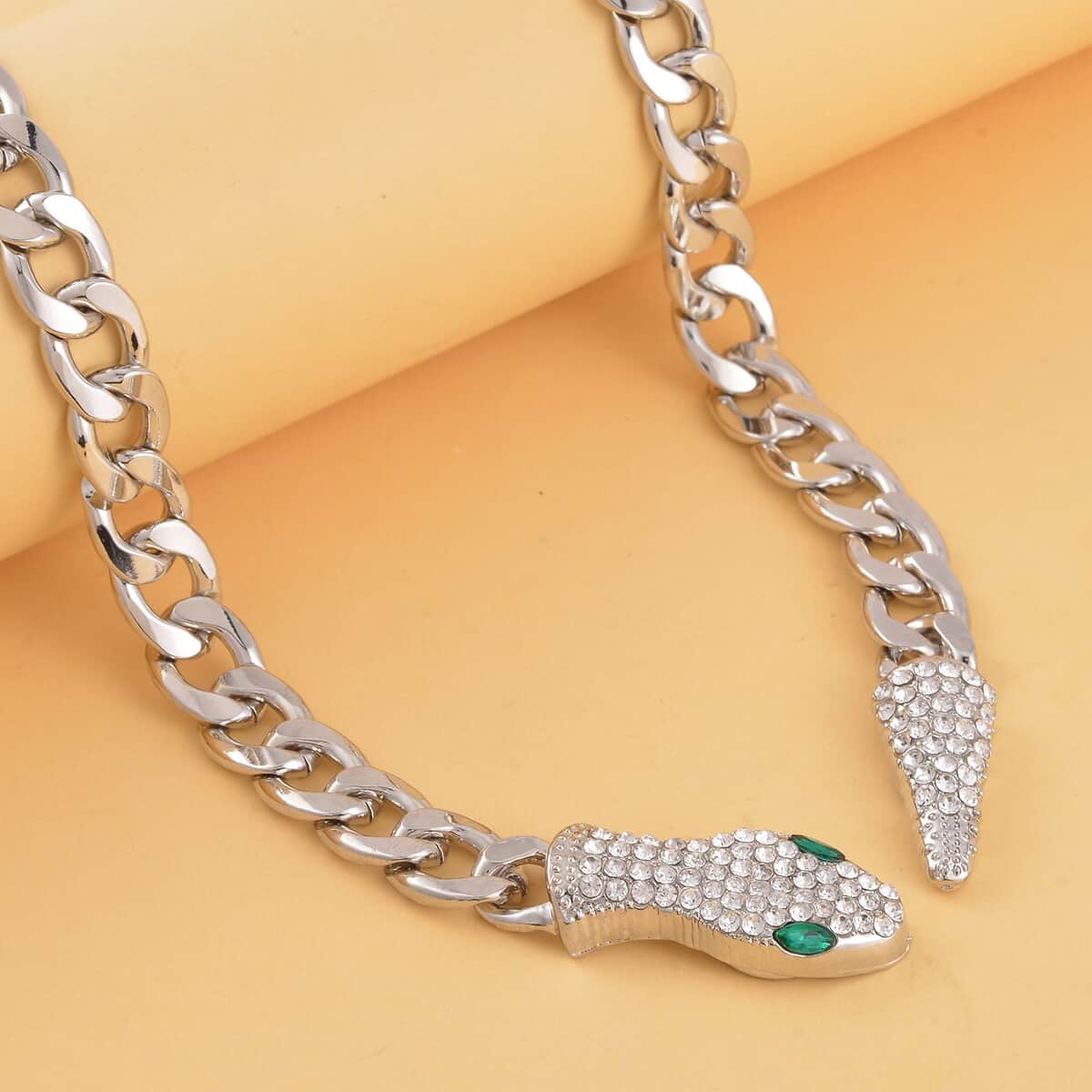 Green Glass and White Austrian Crystal Cable Link Chain with Snake Head & Tail Necklace in Silvertone 22 Inches image number 1