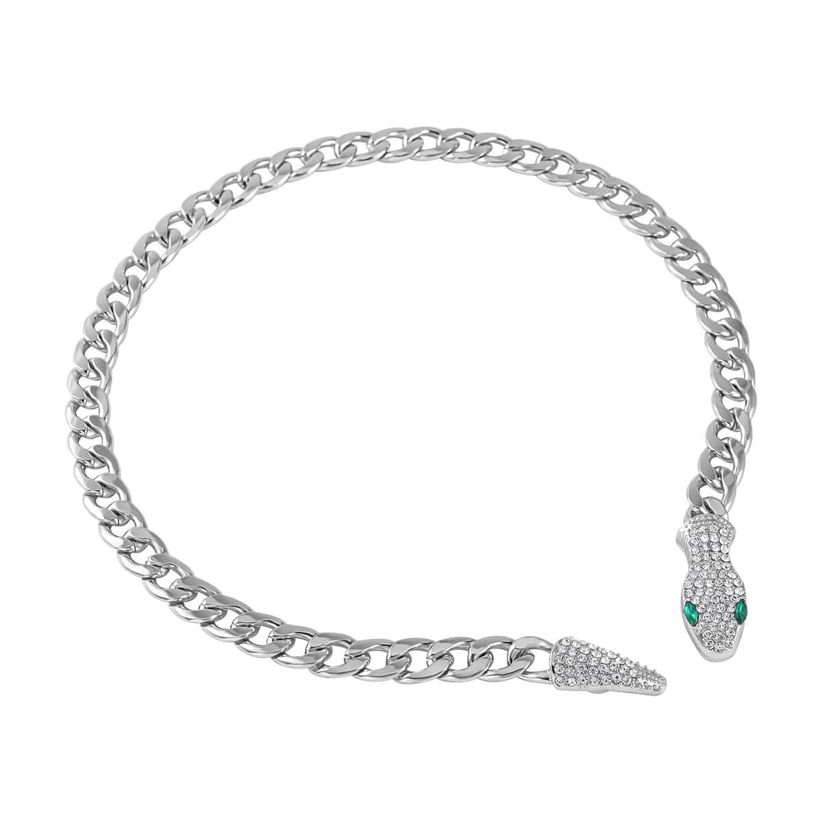 Green Glass and White Austrian Crystal Cable Link Chain with Snake Head & Tail Necklace in Silvertone 22 Inches image number 2