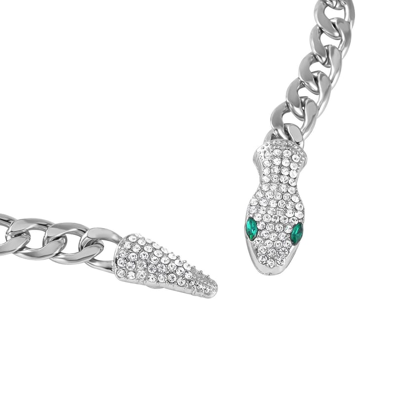 Green Glass and White Austrian Crystal Cable Link Chain with Snake Head & Tail Necklace in Silvertone 22 Inches