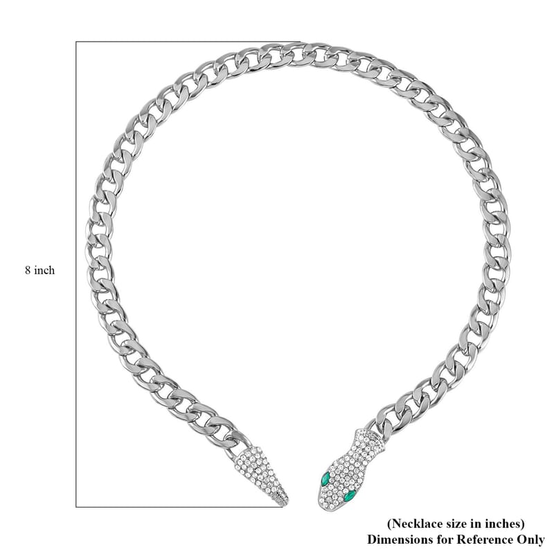 Green Glass and White Austrian Crystal Cable Link Chain with Snake Head & Tail Necklace in Silvertone 22 Inches