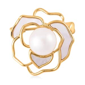 White Freshwater Pearl and White Mother Of Pearl Floral Brooch in Goldtone