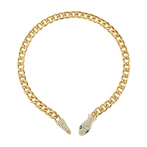 Green Glass and White Austrian Crystal Cable Link Chain with Snake Head & Tail Necklace in Goldtone 22 Inches