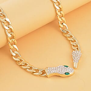 Green Glass and White Austrian Crystal Cable Link Chain with Snake Head & Tail Necklace in Goldtone 22 Inches