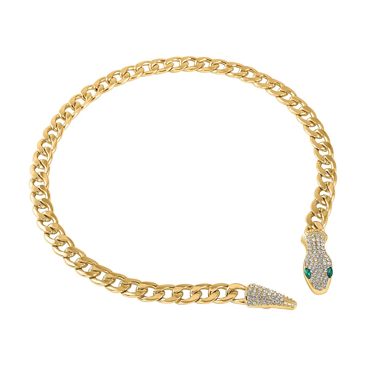 Green Glass and White Austrian Crystal Cable Link Chain with Snake Head & Tail Necklace in Goldtone 22 Inches image number 2
