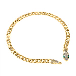 Green Glass and White Austrian Crystal Cable Link Chain with Snake Head & Tail Necklace in Goldtone 22 Inches