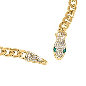 Green Glass and White Austrian Crystal Cable Link Chain with Snake Head & Tail Necklace in Goldtone 22 Inches