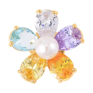 Simulated Multi Color Diamond and White Freshwater Pearl Floral Brooch in Goldtone