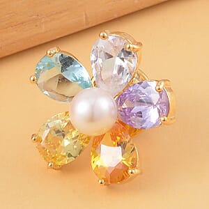 Simulated Multi Color Diamond and White Freshwater Pearl Floral Brooch in Goldtone